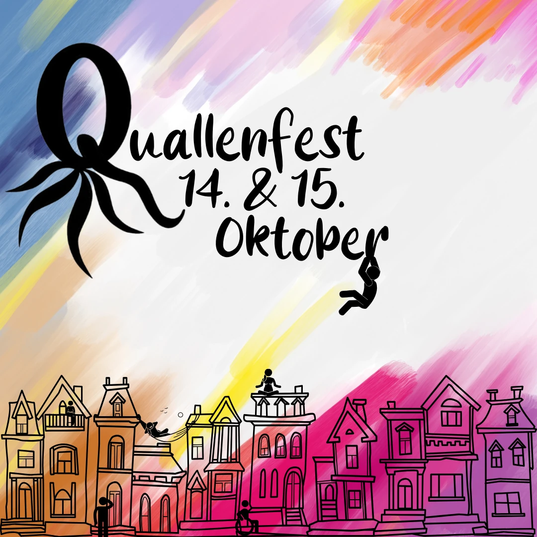Veranstaltungsplakat Quallenfest 14. & 15. Oktober: buntes Aquarell mit gezeichneten Stadthäusern und Quallen-Logo
