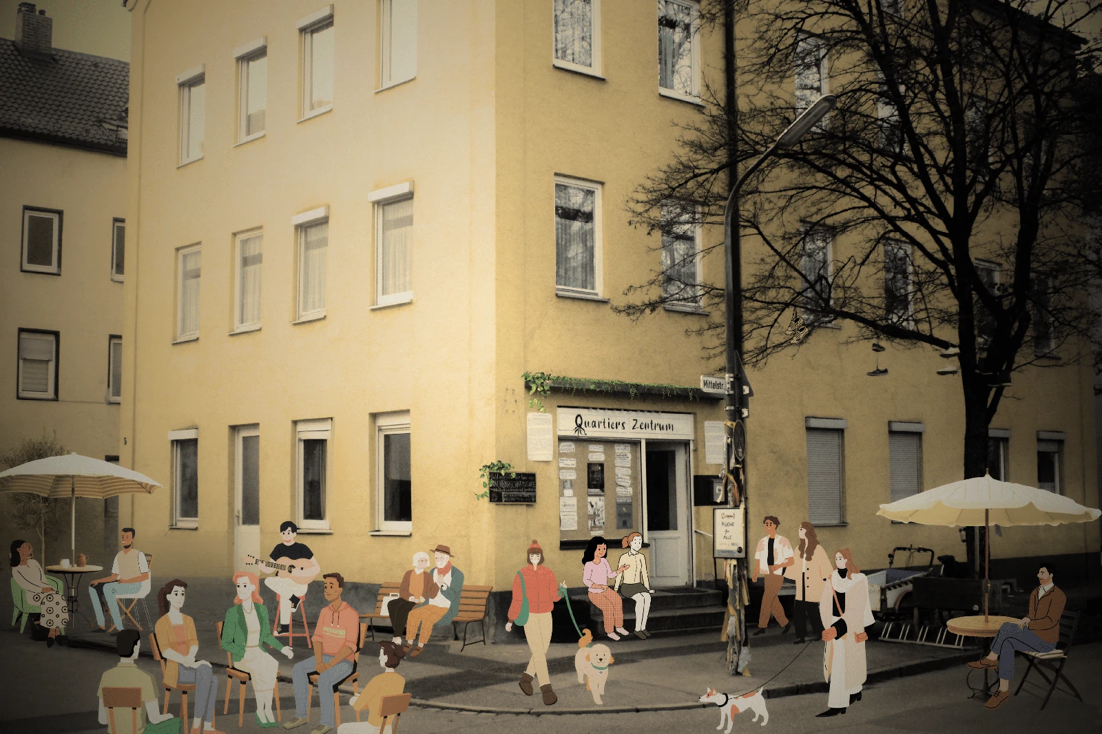 Illustration: Nachbarschaftscafe vor dem Quartiers Zentrum an der Mittelstrasse in Augsburg. Ueber dem Eingang steht 'Quartiers Zentrum', rechts neben der Tuer ein kleines Schild mit 'Quartier fuer Alle'. Animierte Figuren sitzen draussen an Tischen unter Sonnenschirmen, musizieren auf Gitarre, gehen spazieren und unterhalten sich.