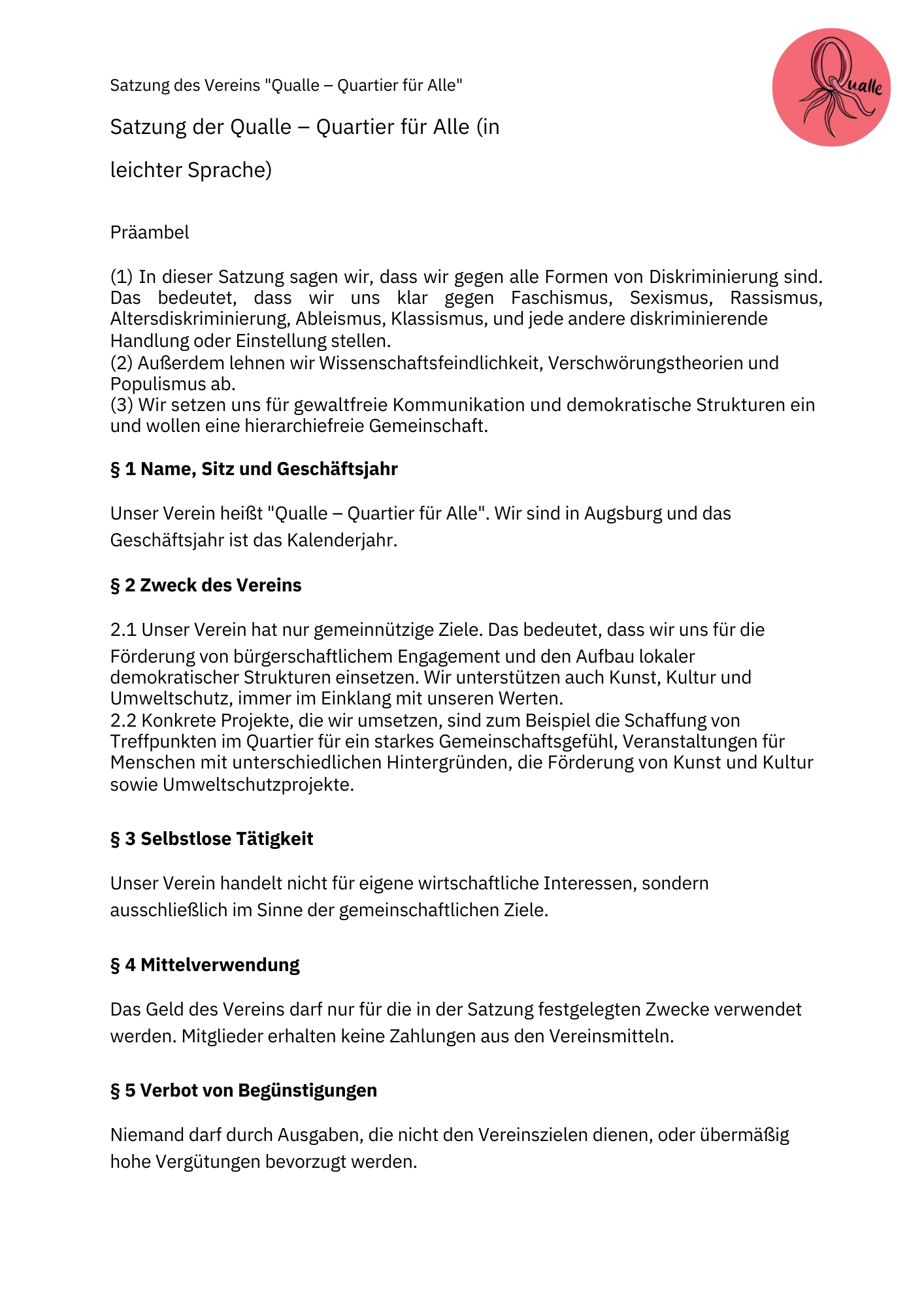 Seite 1 der Vereinssatzung in leichter Sprache