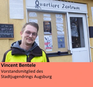 Porträt von Vincent Bentele vor dem Quartierszentrum, Vorstandsmitglied des Stadtjugendrings Augsburg