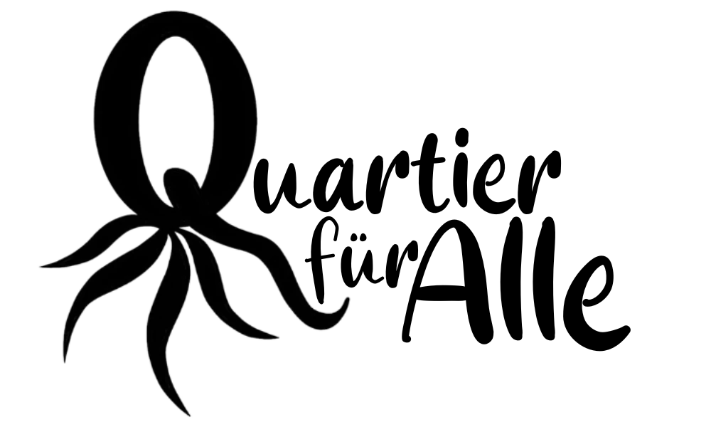 Qualle-Logo: stilisierte Qualle als Q-Form in Schwarz auf transparentem Hintergrund, daneben der Schriftzug „Quartier für Alle“