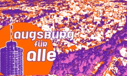 Logo Augsburg für Alle: lila-pinke Luftaufnahme der Stadt als Hintergrund, links ein orangefarbener Kreis mit stilisierten Augsburger Hotelturm-Symbol, rechts der Schriftzug „augsburg für alle“ in Weiß und Orange
